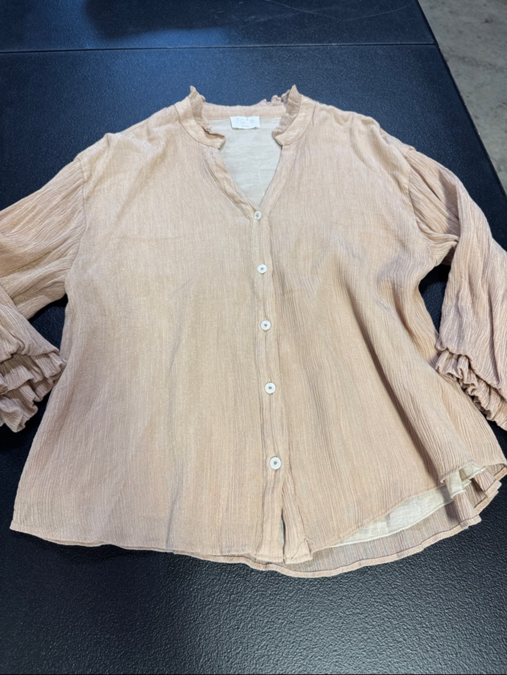 Fate Peach Textured Ruffle-Trim Button-Down Blouse